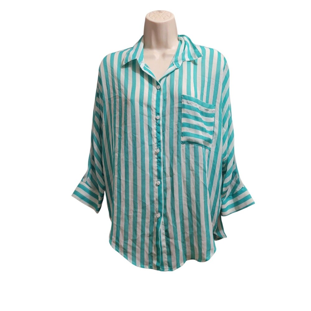 Women's Striped Button Down Collared Blouse Turquoise & White Small 3/4 Sleeves